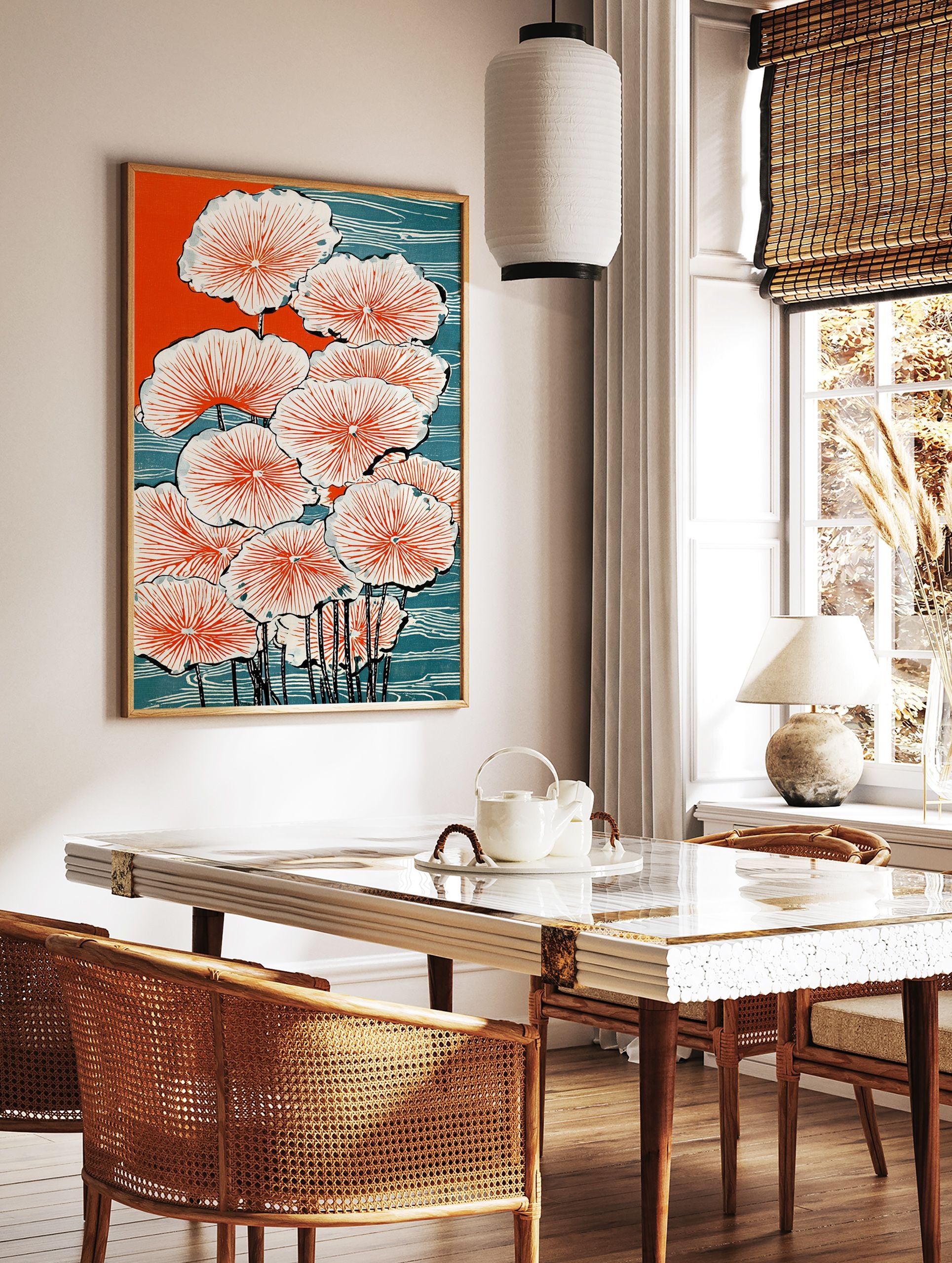 Japanese Lotus poster featuring vibrant orange and blue water lilies with black stems in a traditional woodblock print style. - Image 2