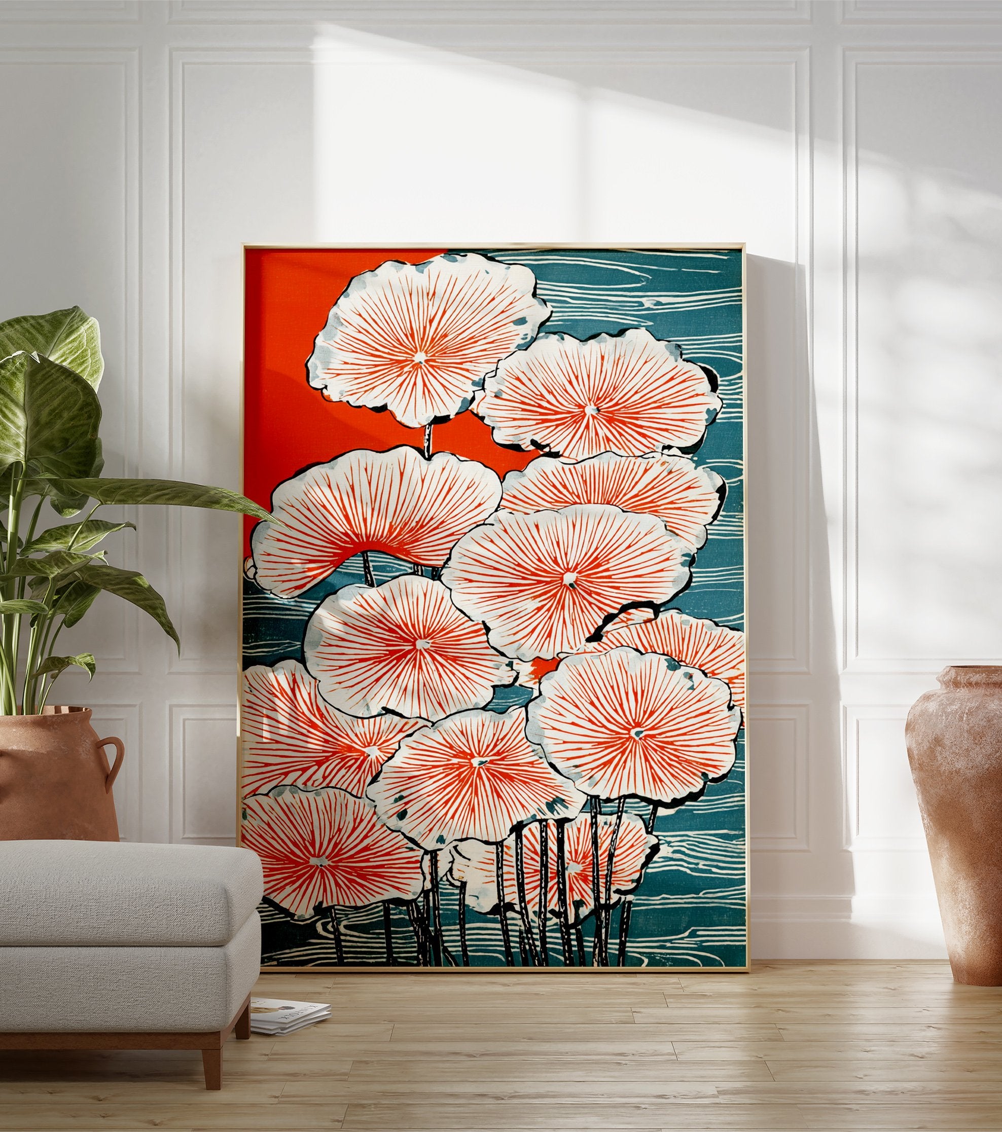 Japanese Lotus poster featuring vibrant orange and blue water lilies with black stems in a traditional woodblock print style. - Image 3