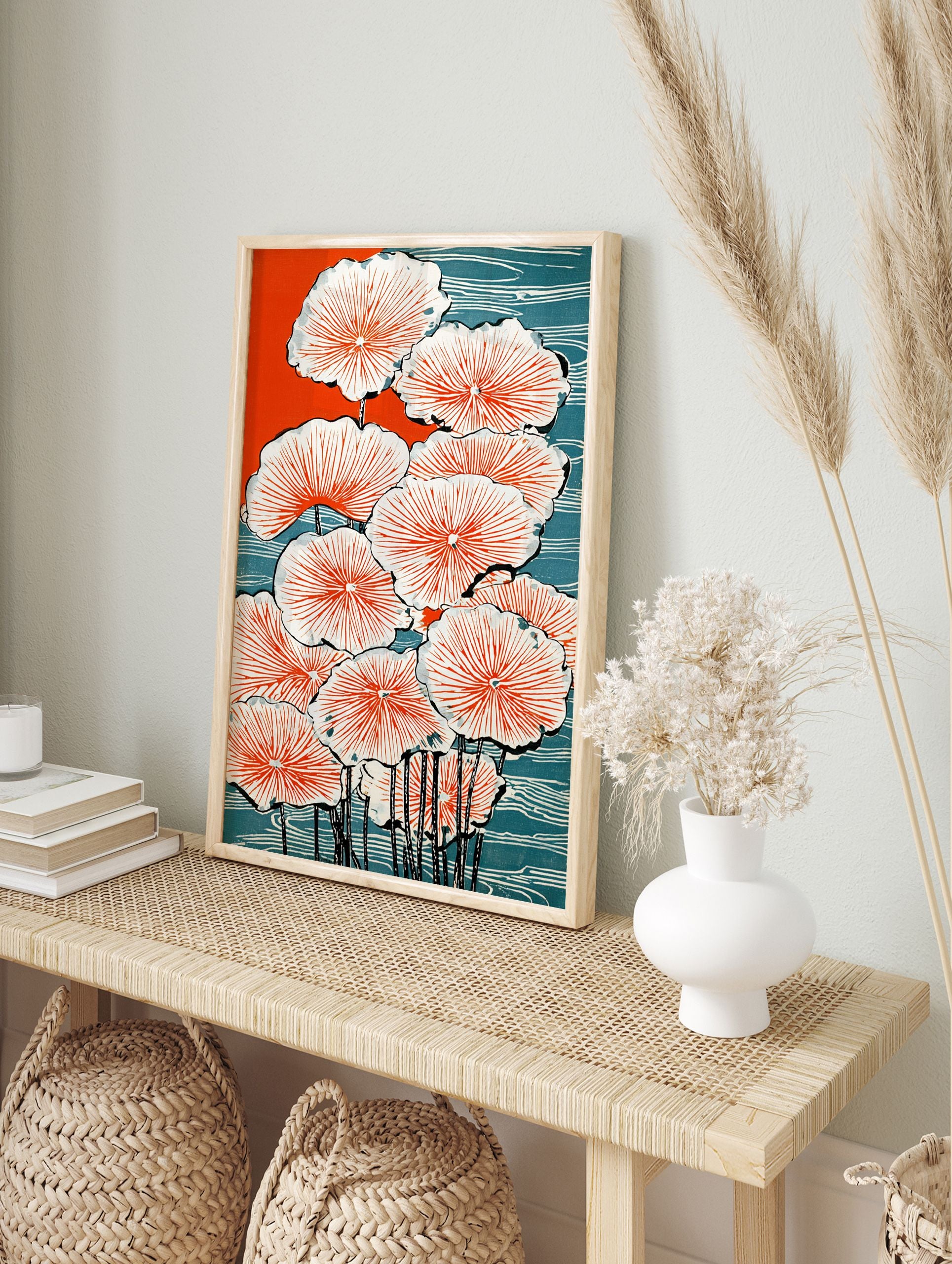 Japanese Lotus poster featuring vibrant orange and blue water lilies with black stems in a traditional woodblock print style. - Image 4