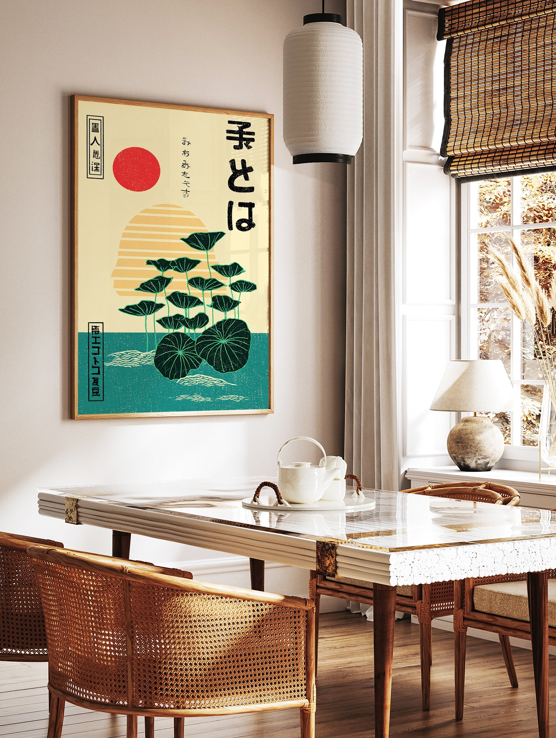 Japanese Lotus Poster with dark green lotus leaves, a red sun, and yellow striped horizon over teal water in Ukiyo-e style. - Image 2