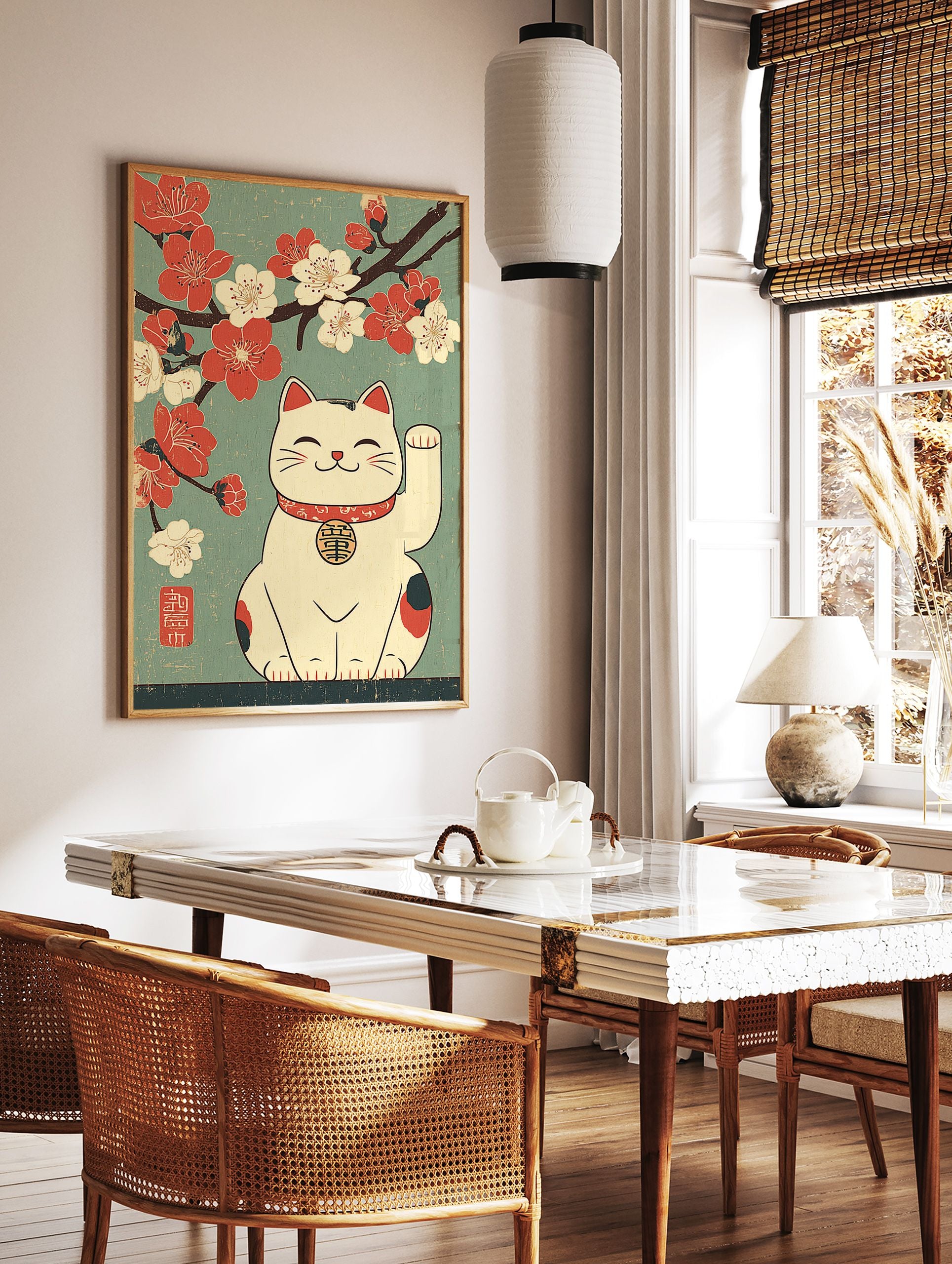 Japanese Lucky Cat poster with a Maneki-neko cat waving under red and white cherry blossoms on a teal background. - Image 2