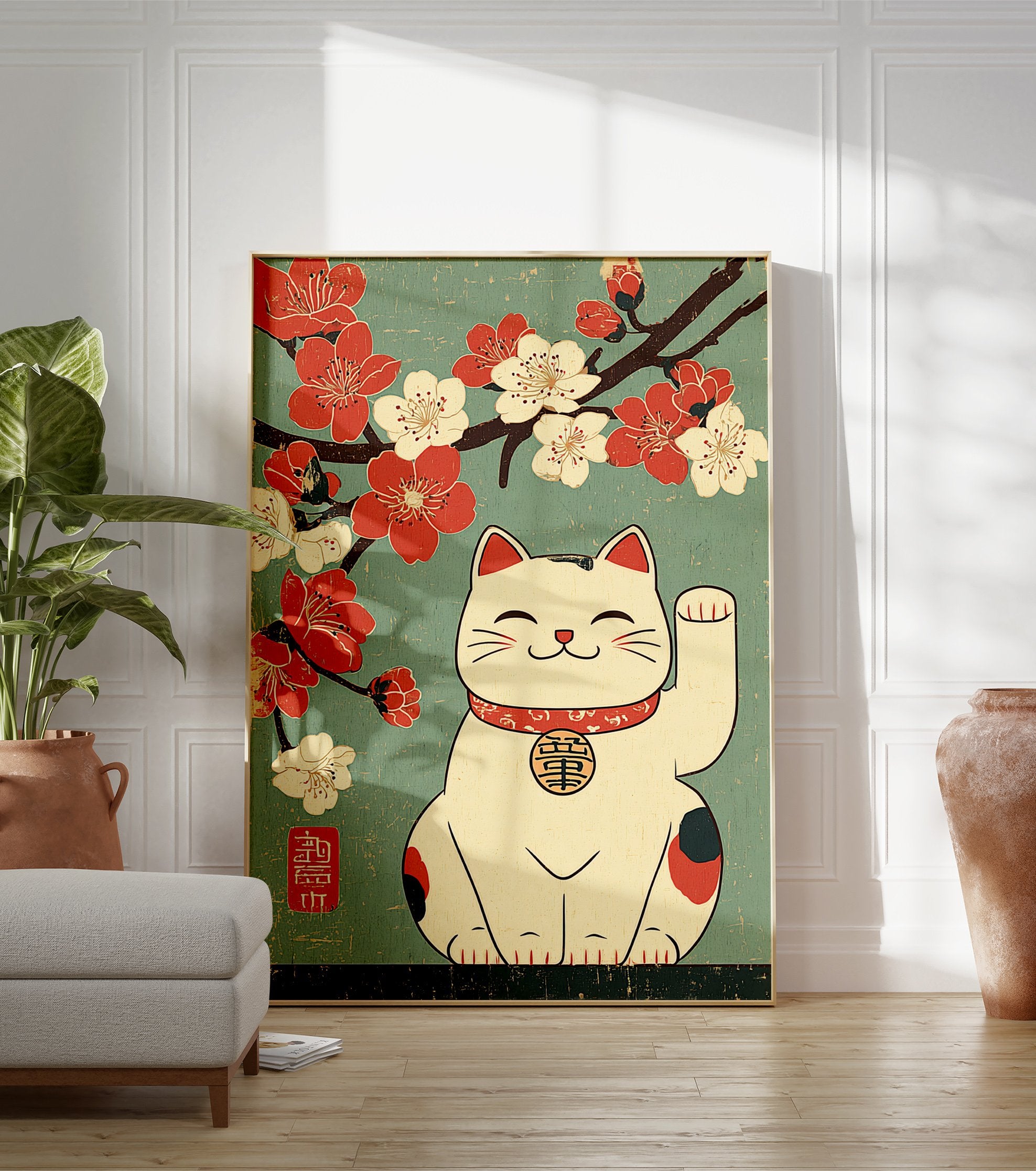 Japanese Lucky Cat poster with a Maneki-neko cat waving under red and white cherry blossoms on a teal background. - Image 3