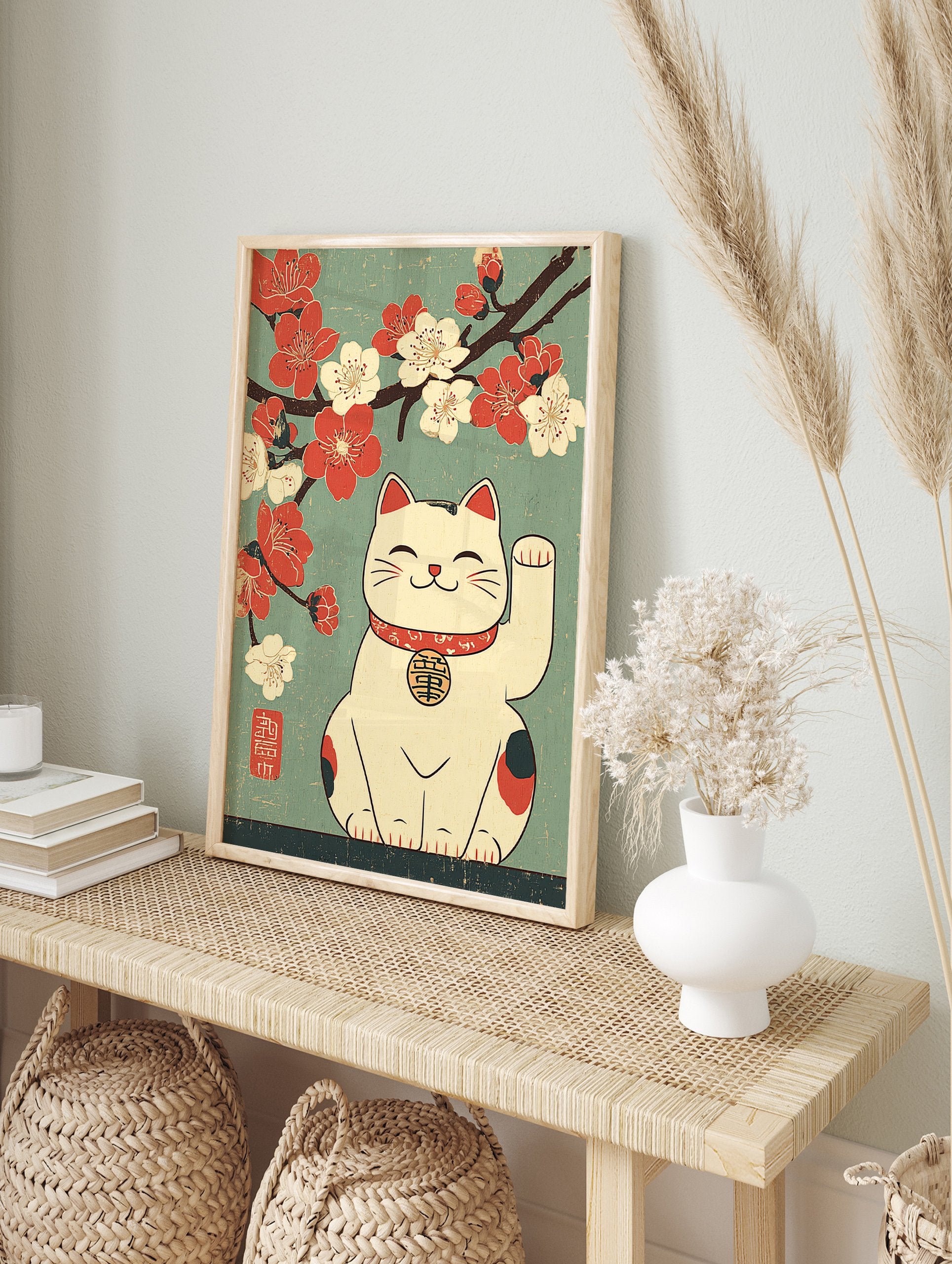 Japanese Lucky Cat poster with a Maneki-neko cat waving under red and white cherry blossoms on a teal background. - Image 4
