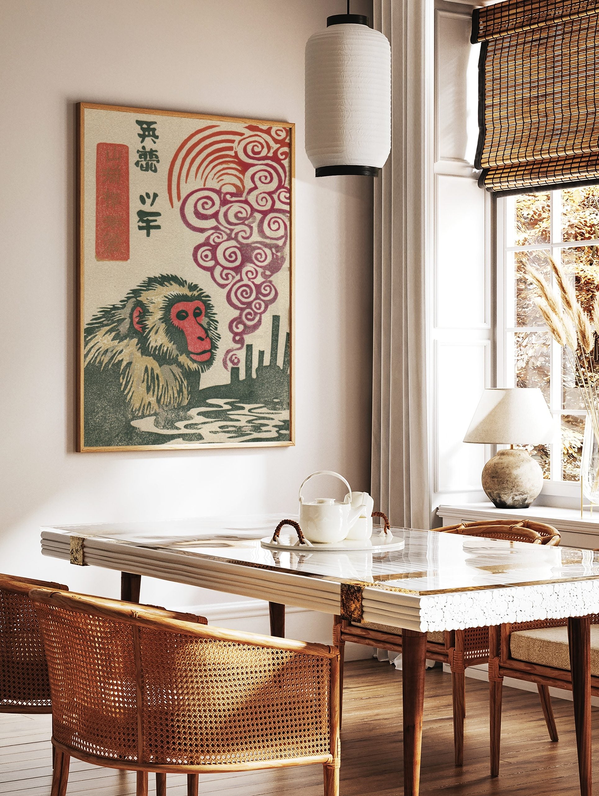 Japanese macaque woodblock print with red-faced monkey, industrial smokestacks, swirling red smoke, in a styled room mockup