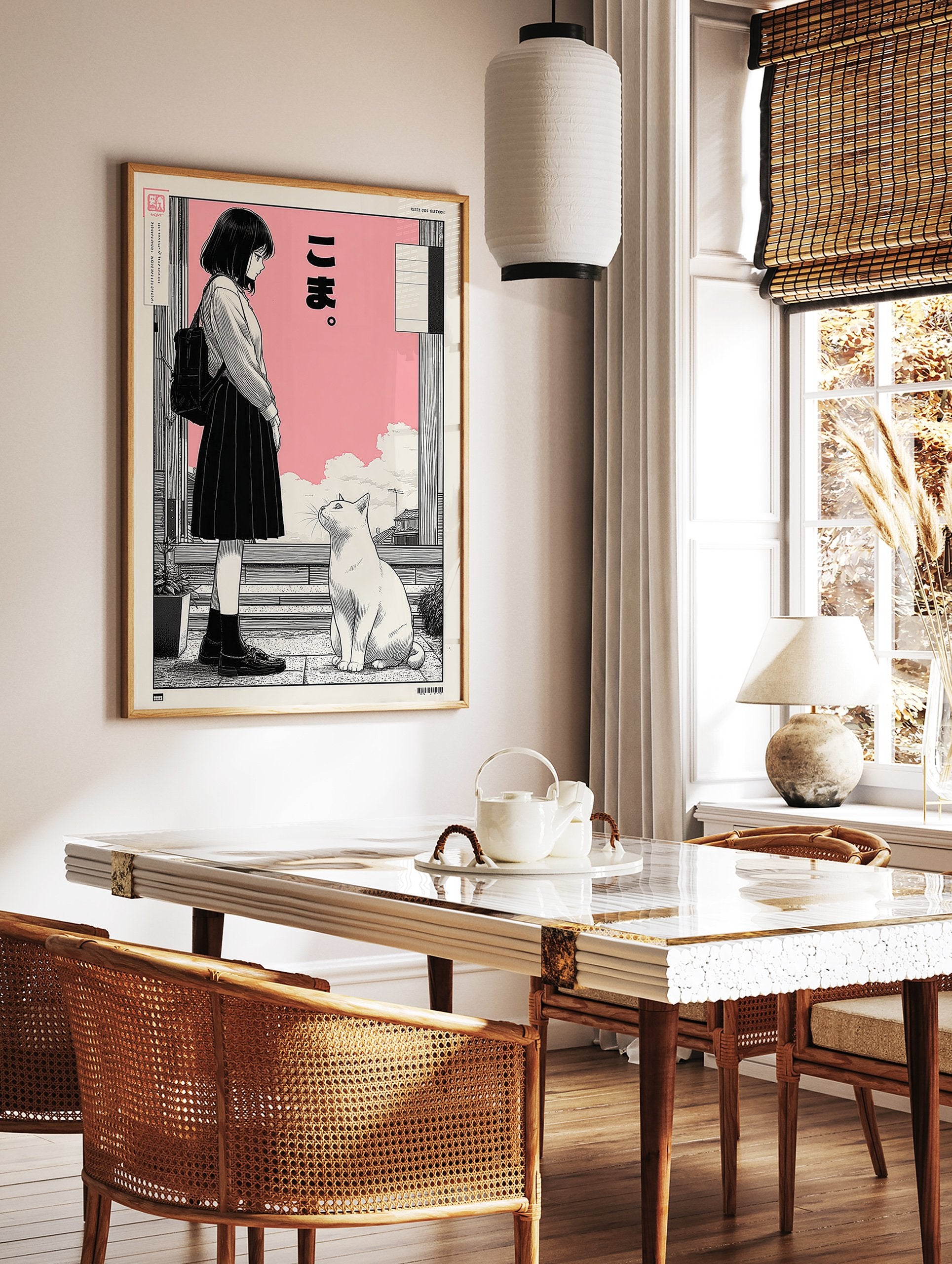 Japanese manga poster featuring a girl with a backpack looking at a white cat against a pink sky with clouds. - Image 2