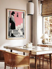 Japanese manga poster featuring a girl with a backpack looking at a white cat against a pink sky with clouds. - Image 2