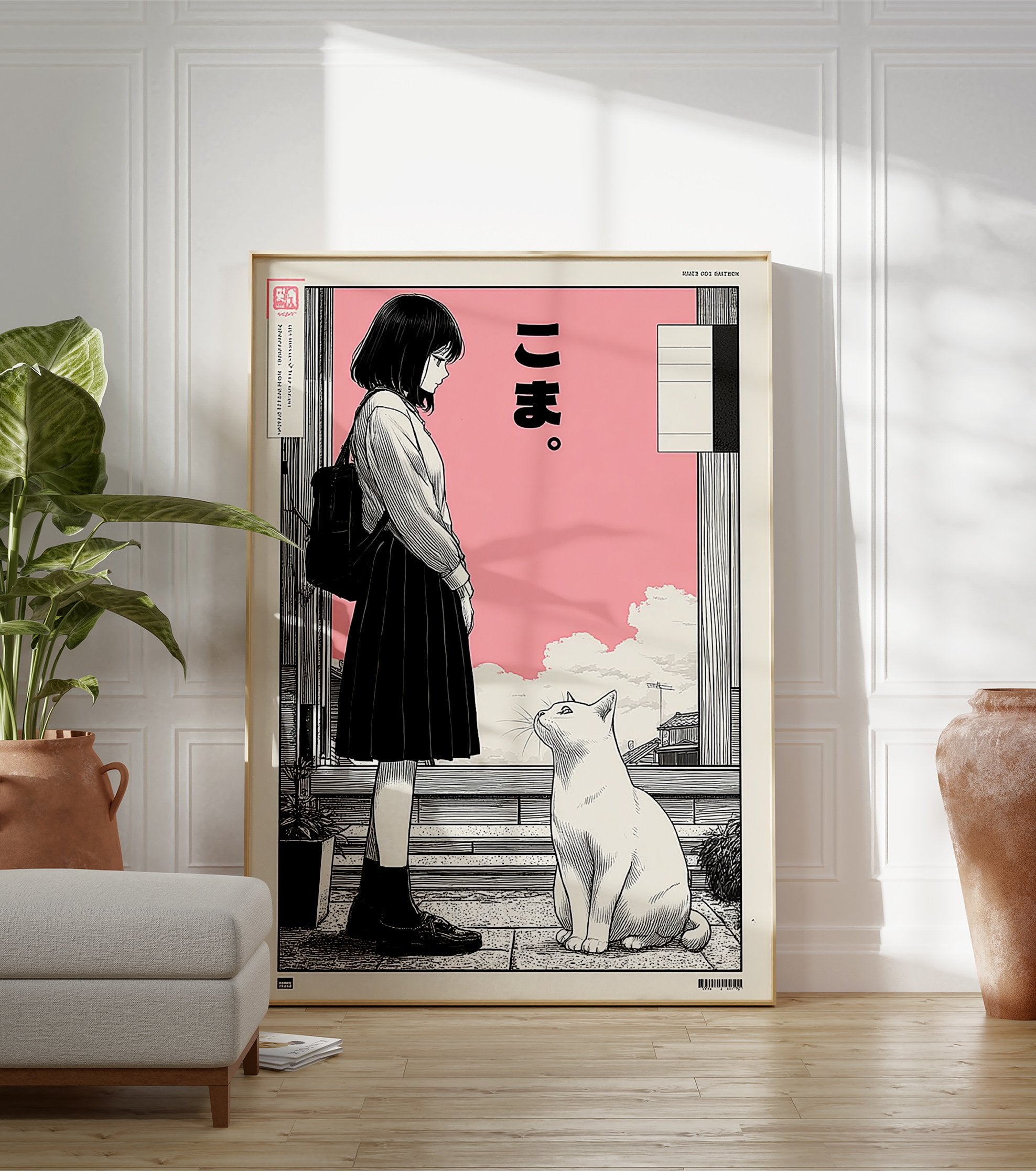 Japanese manga poster featuring a girl with a backpack looking at a white cat against a pink sky with clouds. - Image 3