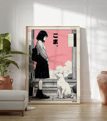 Japanese manga poster featuring a girl with a backpack looking at a white cat against a pink sky with clouds. - Image 3