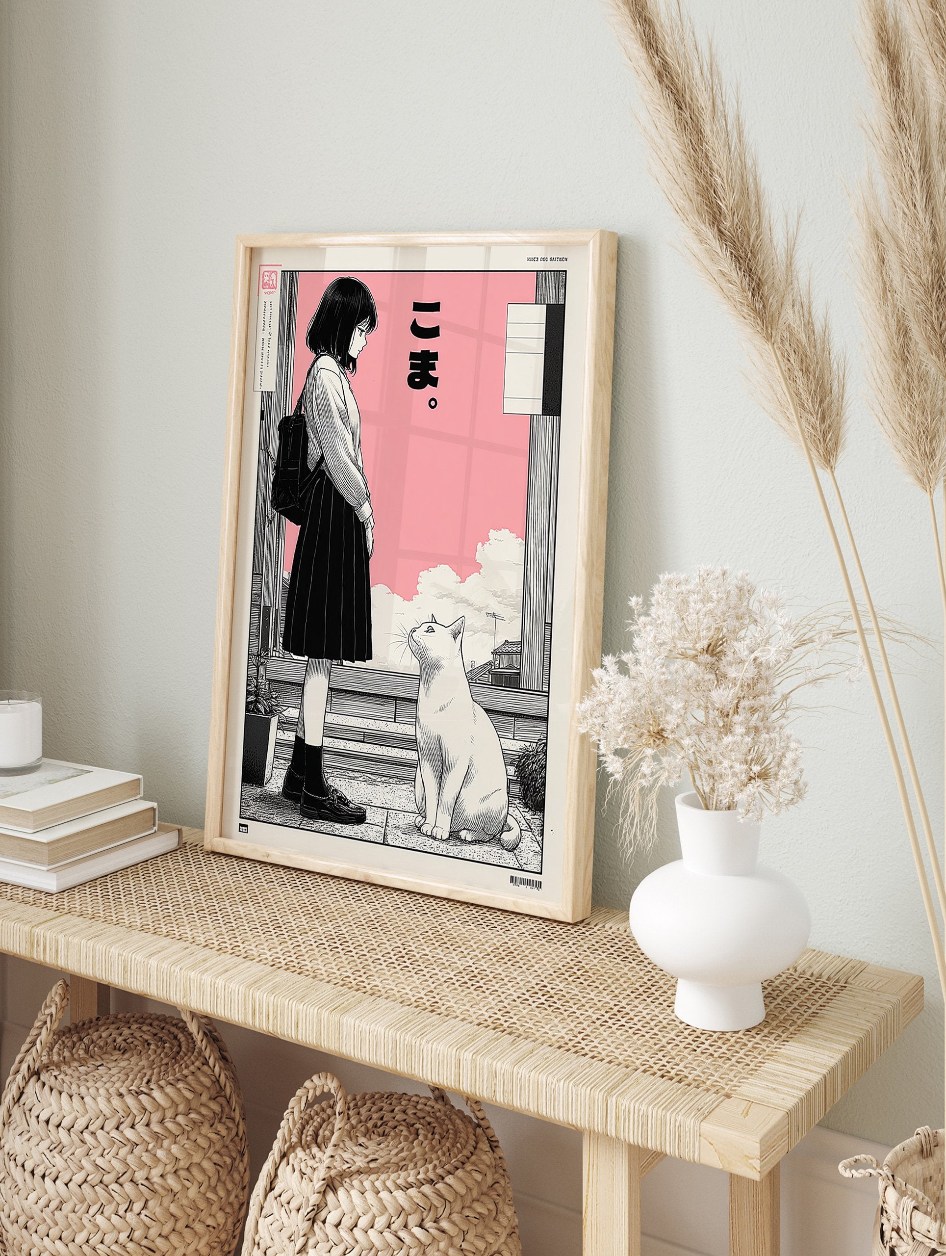 Japanese manga poster featuring a girl with a backpack looking at a white cat against a pink sky with clouds. - Image 4