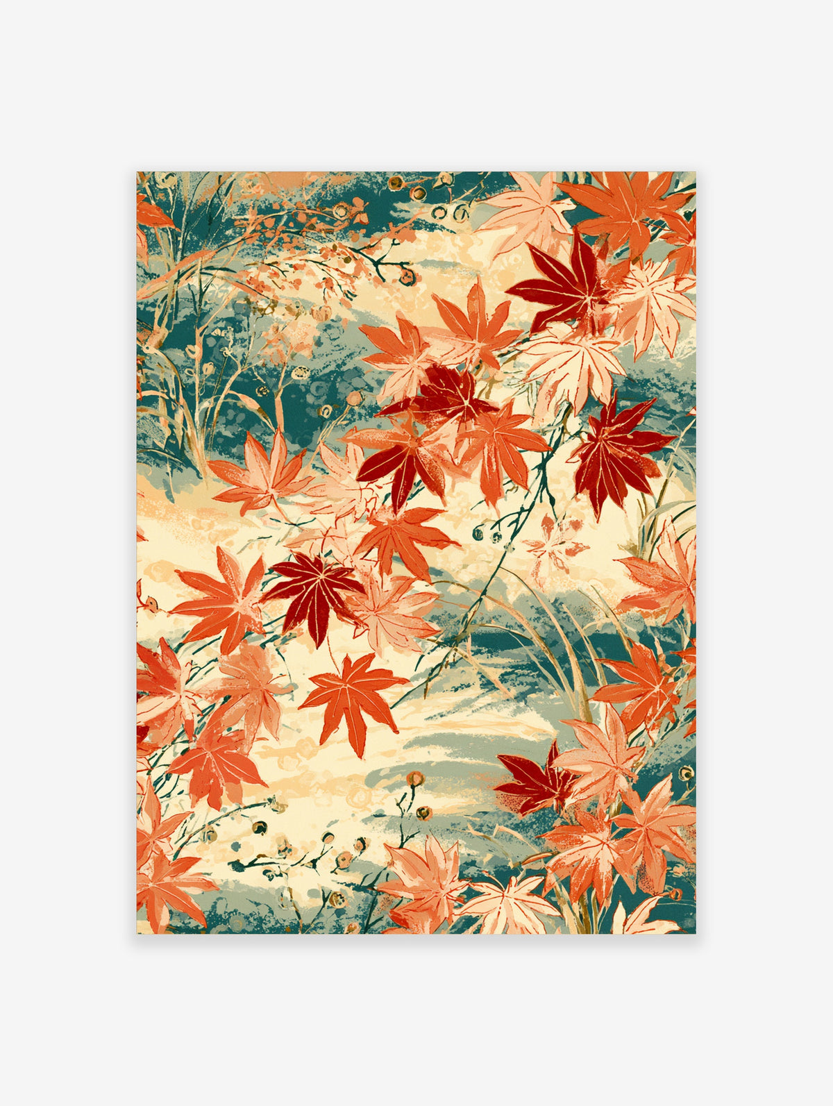 Japanese maple leaf poster with red, orange and peach foliage over teal and cream washes
