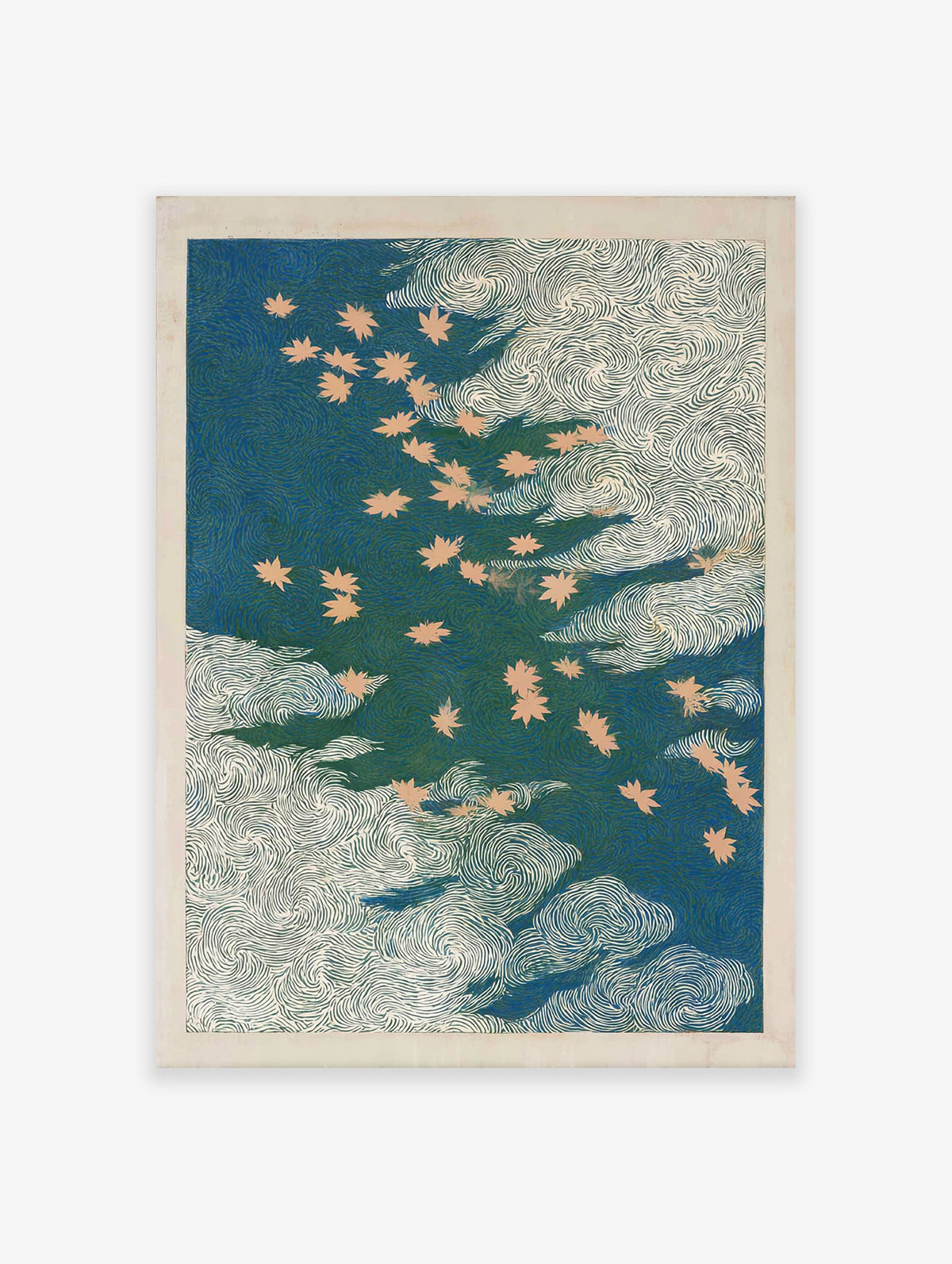 Japanese Maple Leaf poster with light beige leaves floating on a deep blue-green water with white swirling patterns.