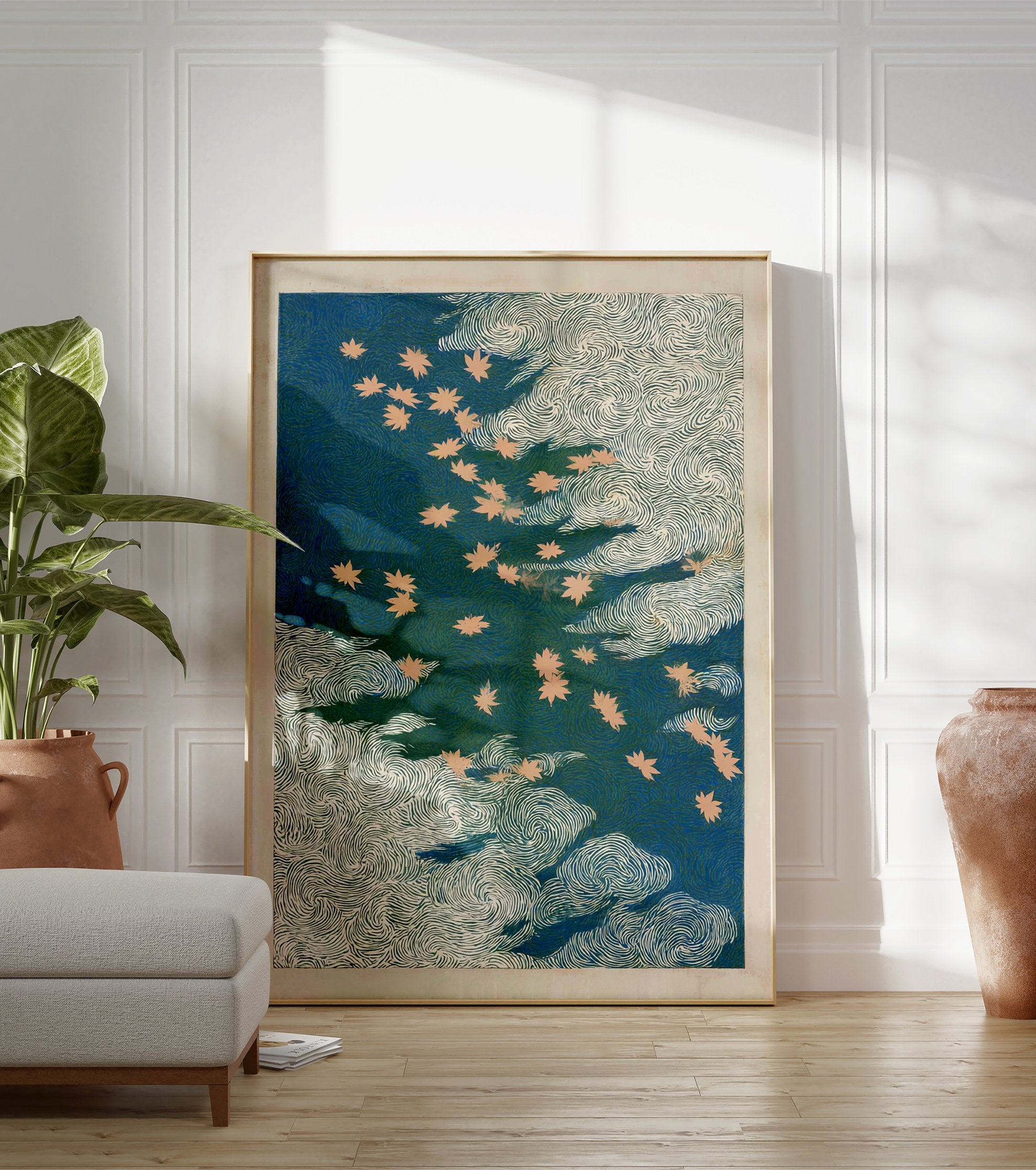 Japanese Maple Leaf poster with light beige leaves floating on a deep blue-green water with white swirling patterns. - Image 3