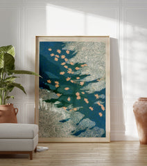 Japanese Maple Leaf poster with light beige leaves floating on a deep blue-green water with white swirling patterns. - Image 3