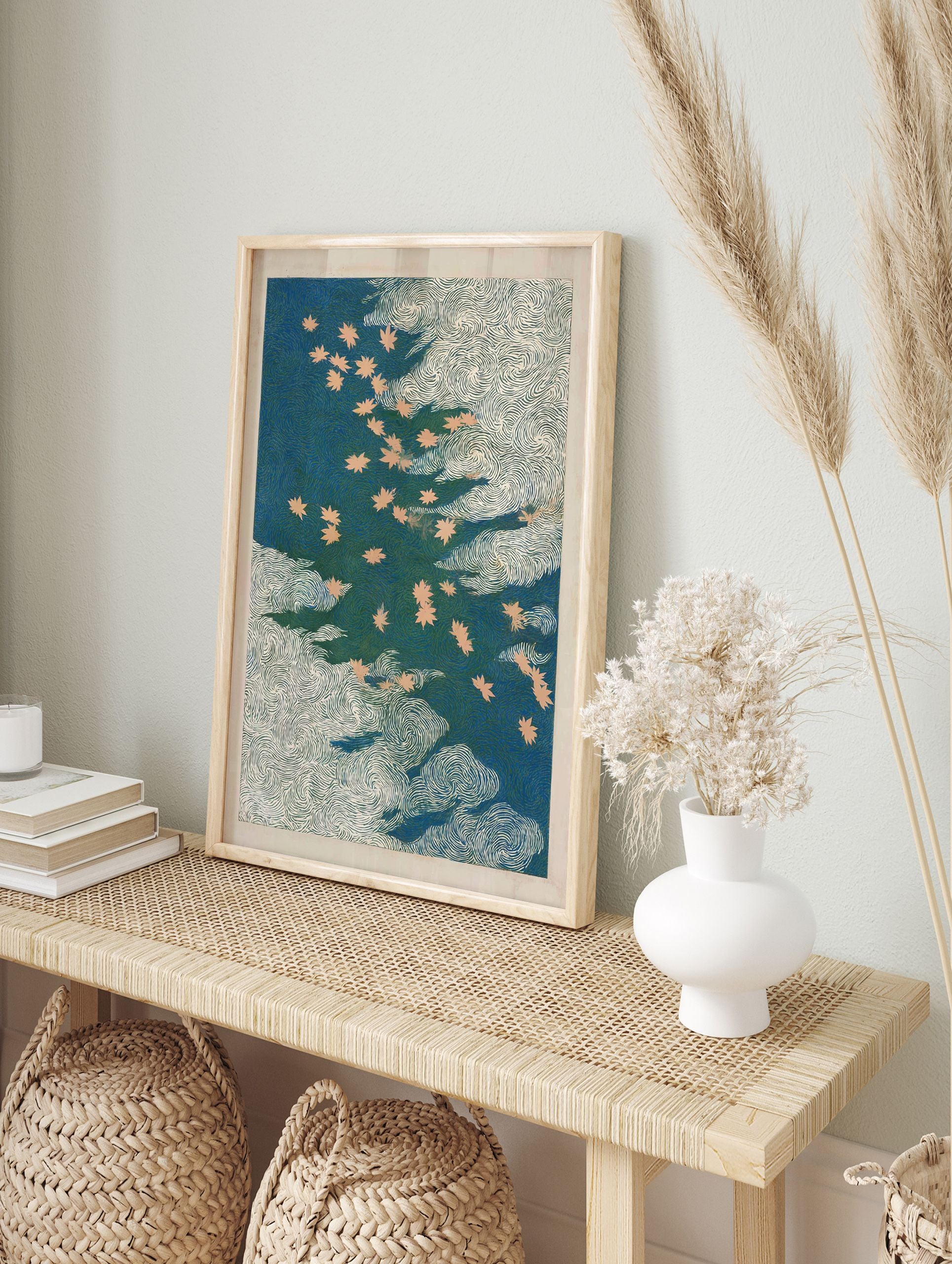 Japanese Maple Leaf poster with light beige leaves floating on a deep blue-green water with white swirling patterns. - Image 4