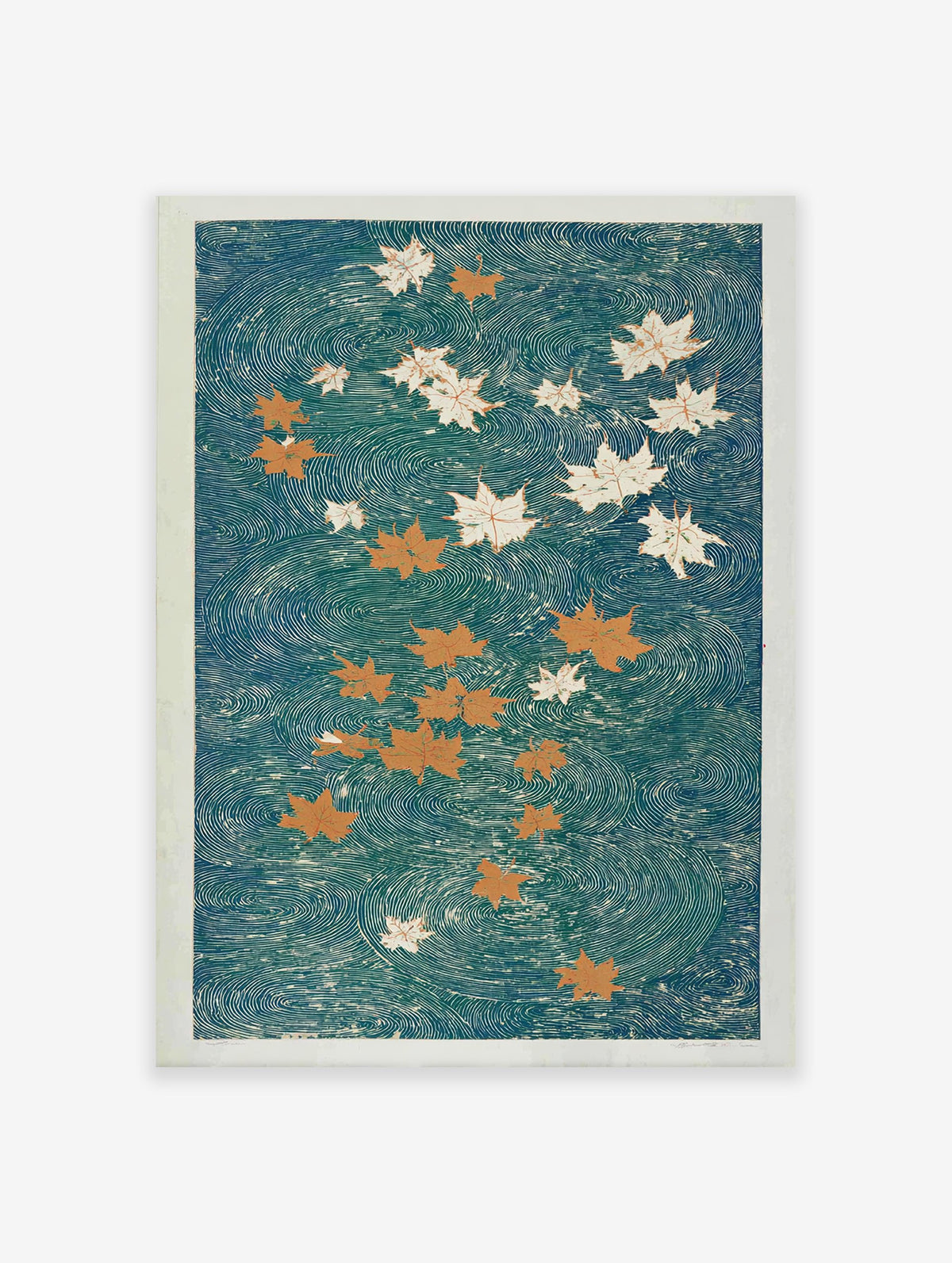Japanese maple leaf poster with orange and white leaves floating on teal water with swirling patterns, Ukiyo-e style.