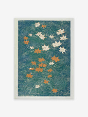Japanese maple leaf poster with orange and white leaves floating on teal water with swirling patterns, Ukiyo-e style.
