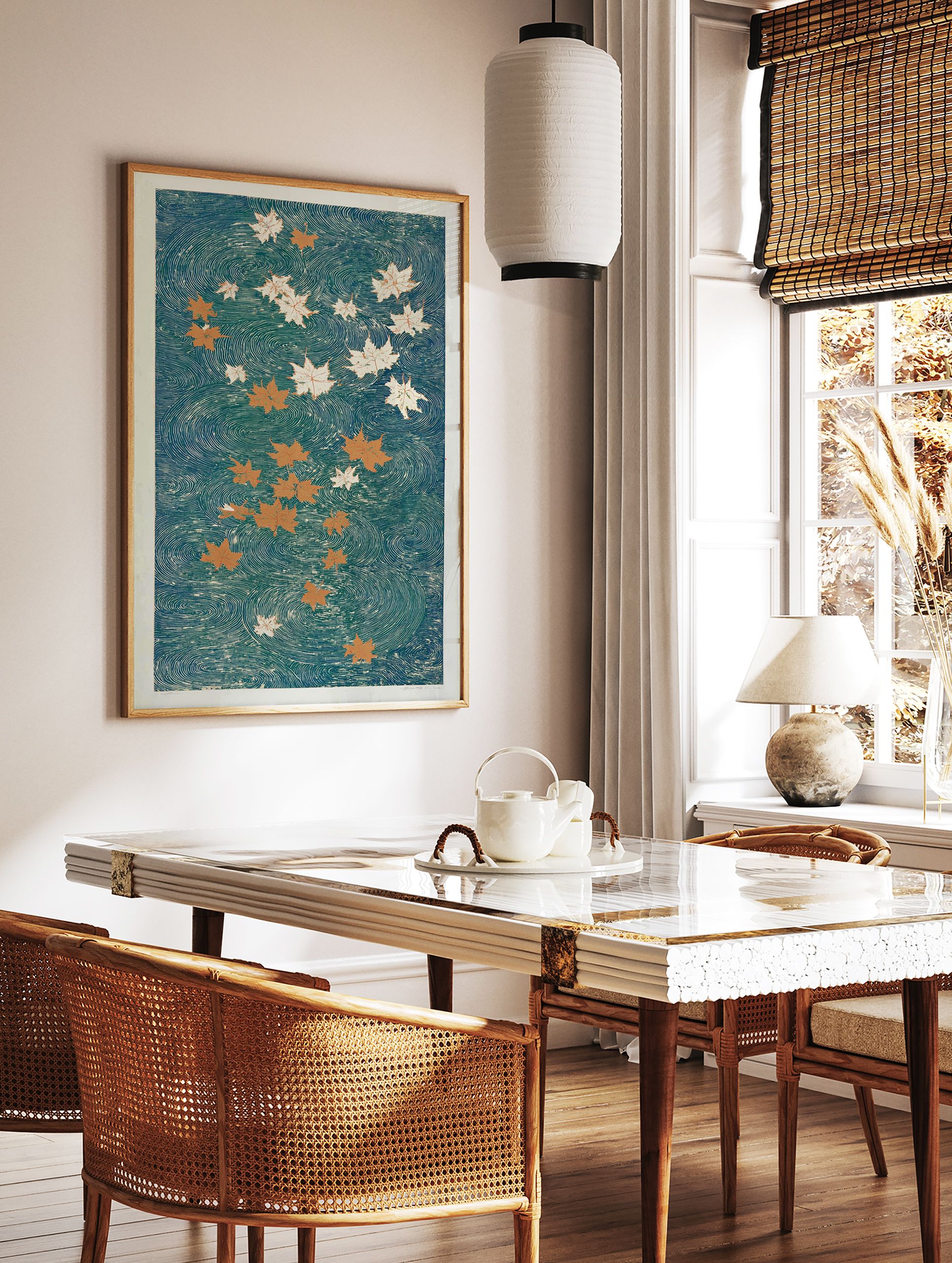 Japanese maple leaf poster with orange and white leaves floating on teal water with swirling patterns, Ukiyo-e style. - Image 2