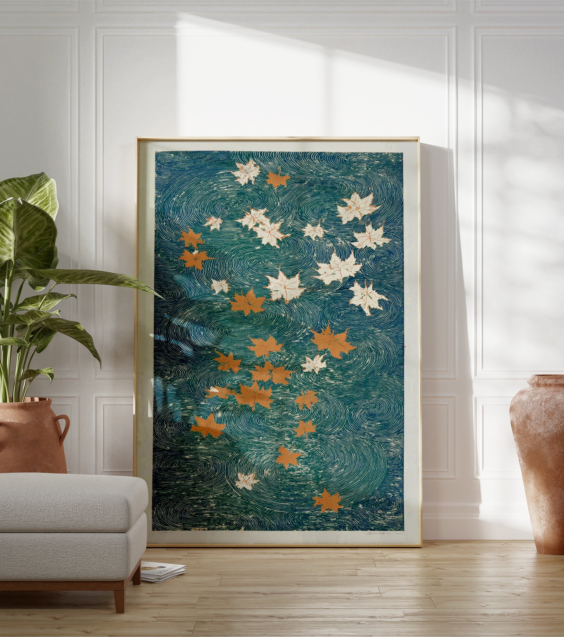Japanese maple leaf poster with orange and white leaves floating on teal water with swirling patterns, Ukiyo-e style. - Image 3