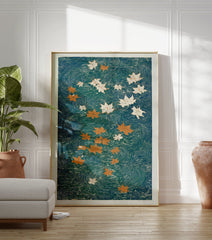 Japanese maple leaf poster with orange and white leaves floating on teal water with swirling patterns, Ukiyo-e style. - Image 3