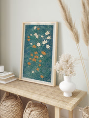 Japanese maple leaf poster with orange and white leaves floating on teal water with swirling patterns, Ukiyo-e style. - Image 4