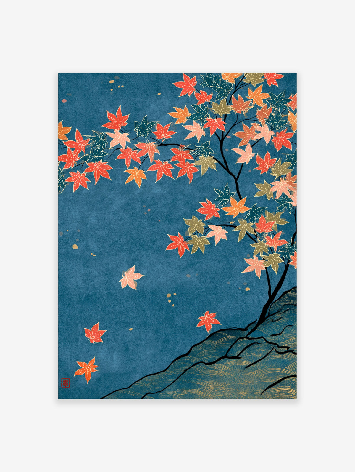 Japanese maple leaf art print with red and orange leaves on a blue background
