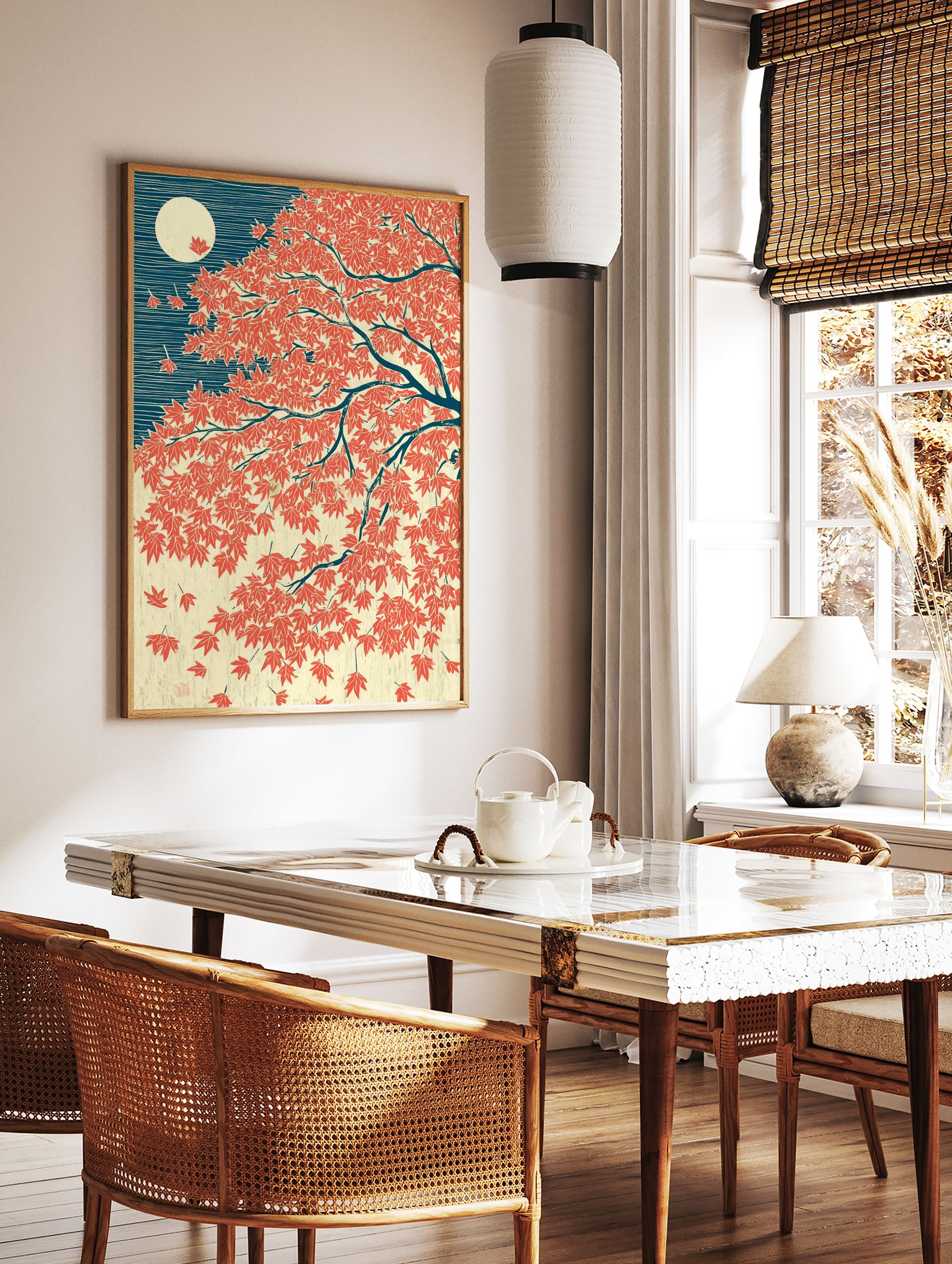 Japanese maple leaf wall art print with red autumn leaves, a full moon, and a dark blue background in Ukiyo-e style. - Image 2