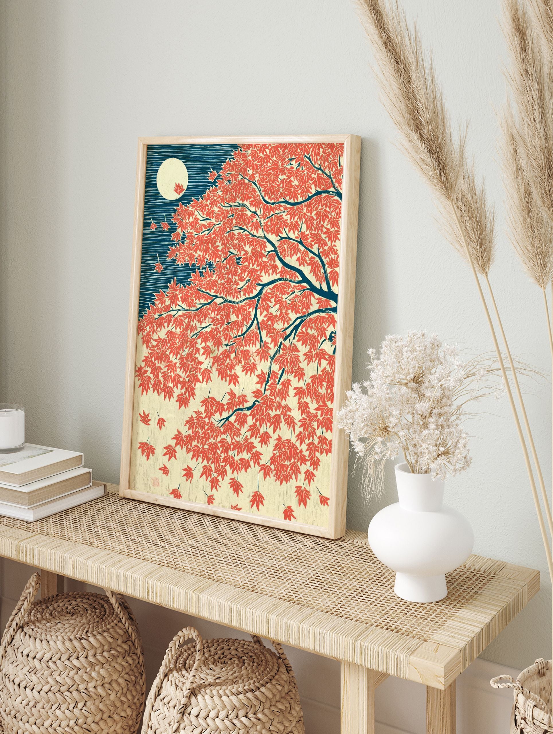 Japanese maple leaf wall art print with red autumn leaves, a full moon, and a dark blue background in Ukiyo-e style. - Image 3
