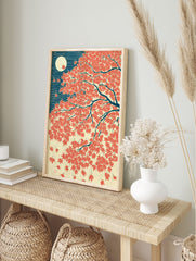 Japanese maple leaf wall art print with red autumn leaves, a full moon, and a dark blue background in Ukiyo-e style. - Image 3