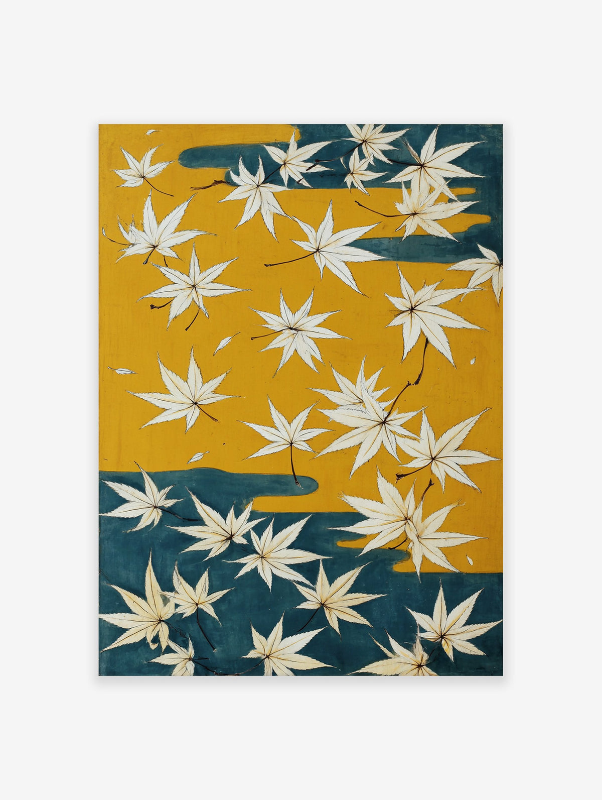 Japanese maple leaves poster with white leaves on a yellow and teal background, in a traditional illustrative style.