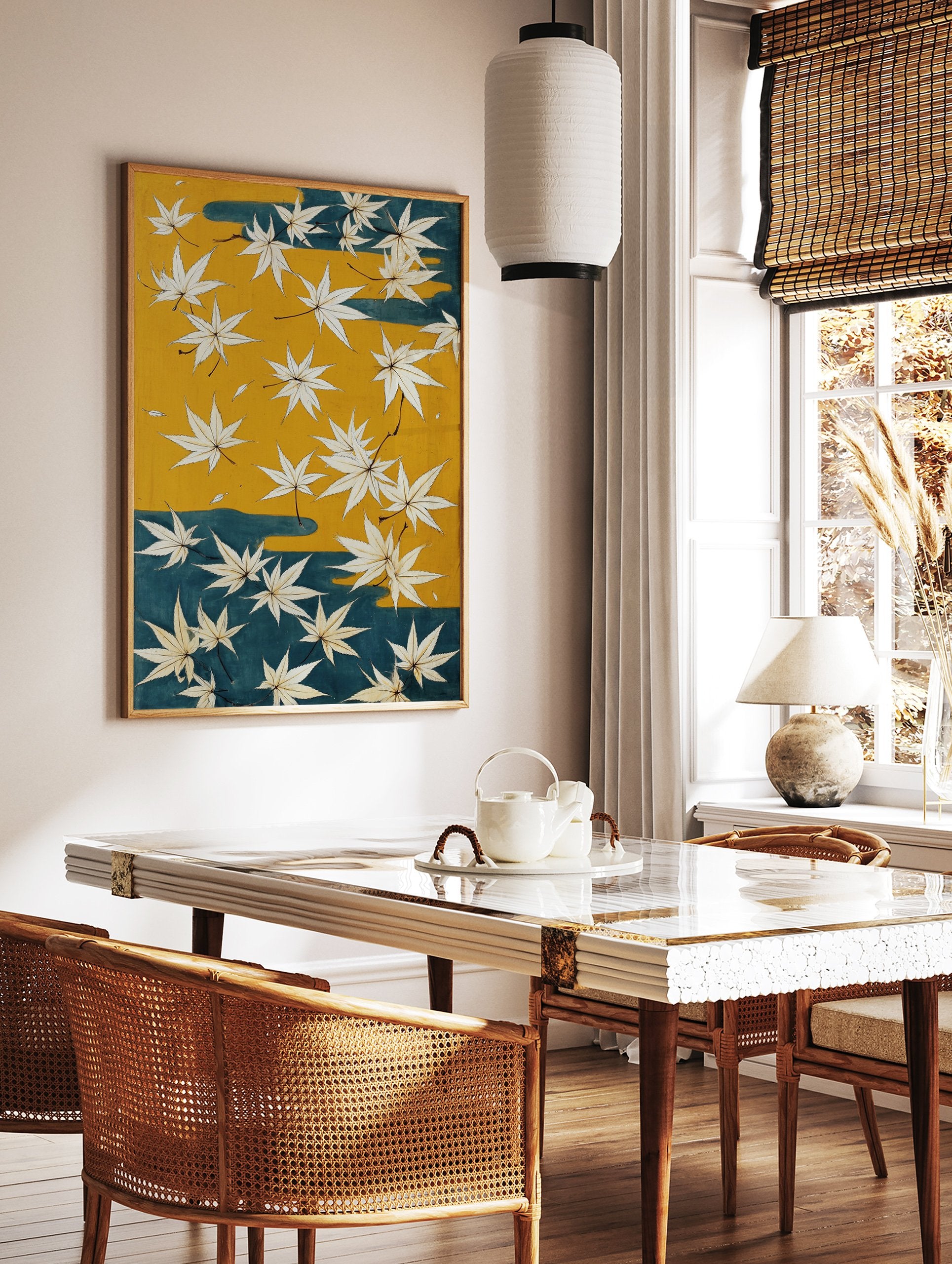 Japanese maple leaves poster with white leaves on a yellow and teal background, in a traditional illustrative style. - Image 2