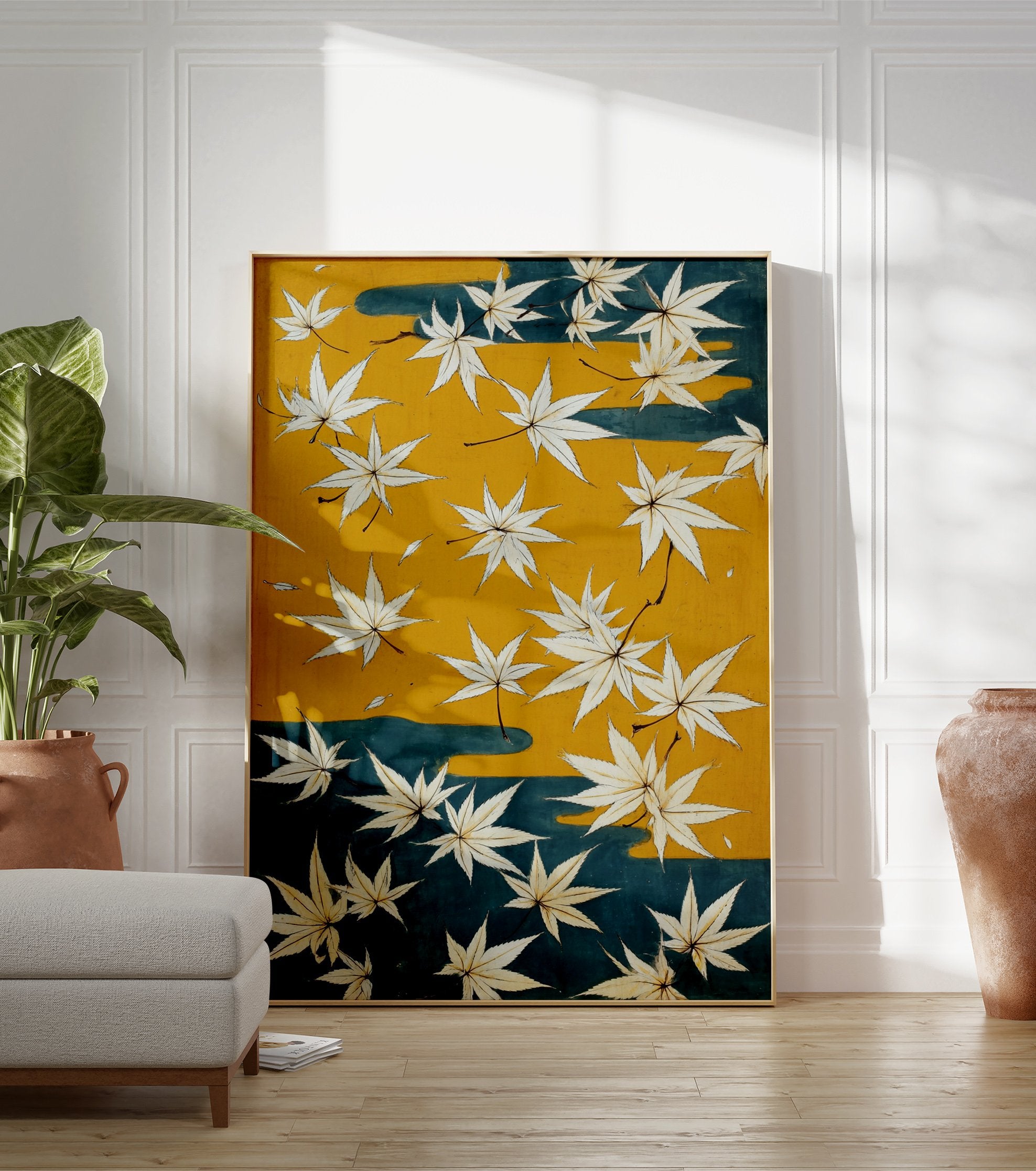 Japanese maple leaves poster with white leaves on a yellow and teal background, in a traditional illustrative style. - Image 3