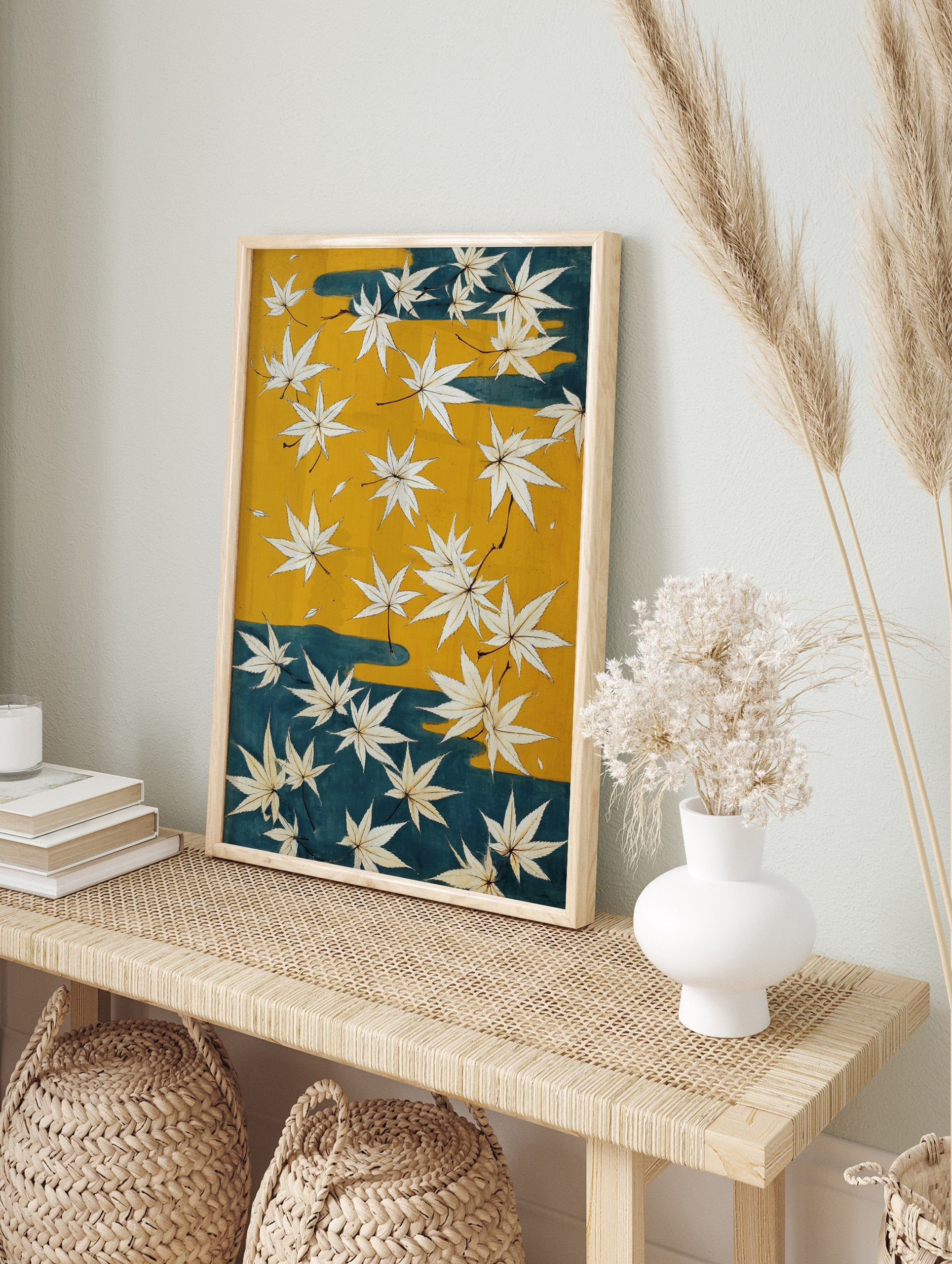Japanese maple leaves poster with white leaves on a yellow and teal background, in a traditional illustrative style. - Image 4