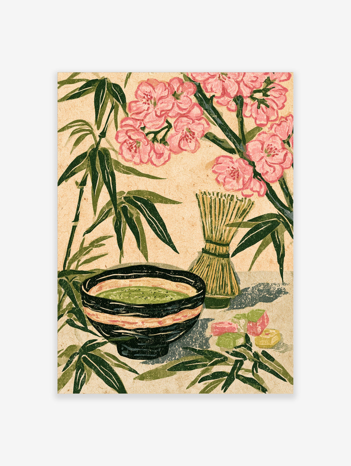 Japanese matcha tea print with black bowl, bamboo whisk, pink blossom and green bamboo