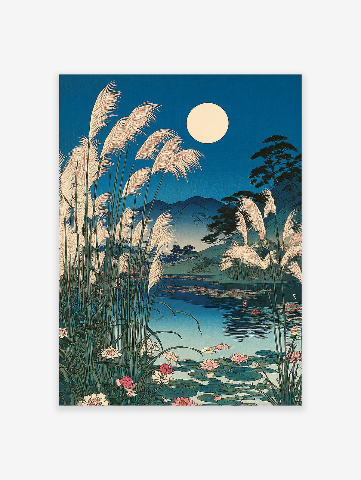 Japanese moon lake art print with a full moon, tall reeds, water lilies, and mountains in a serene night landscape.