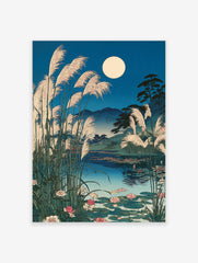 Japanese moon lake art print with a full moon, tall reeds, water lilies, and mountains in a serene night landscape.