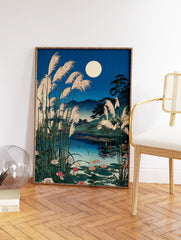 Japanese moon lake art print with a full moon, tall reeds, water lilies, and mountains in a serene night landscape. - Image 2