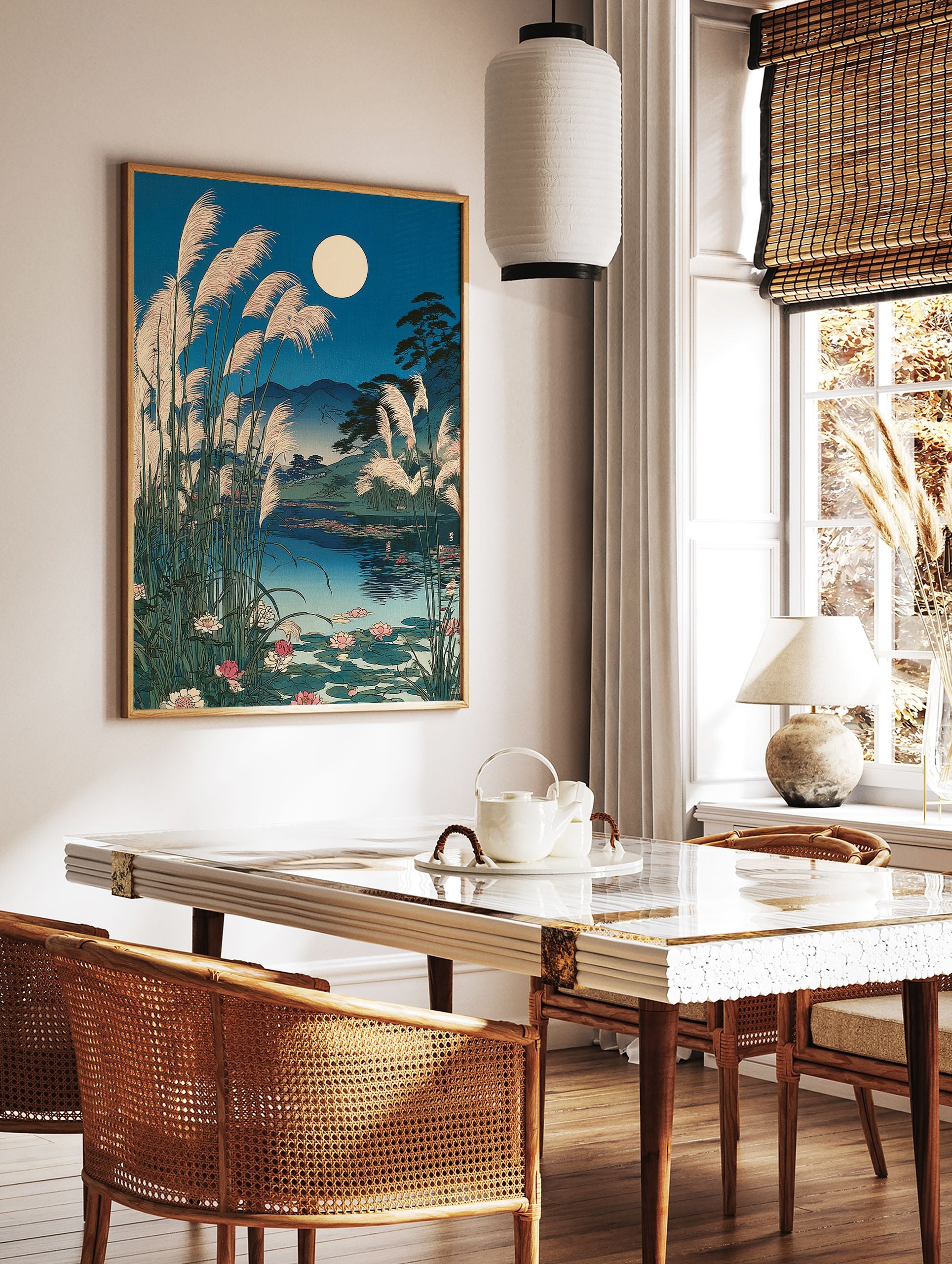 Japanese moon lake art print with a full moon, tall reeds, water lilies, and mountains in a serene night landscape. - Image 3
