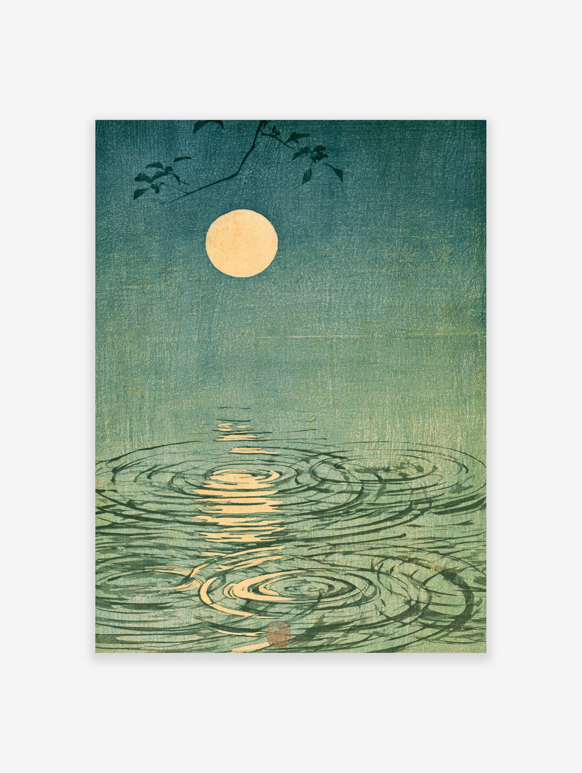 Japanese moon poster with gold full moon above teal water ripples and dark leaves