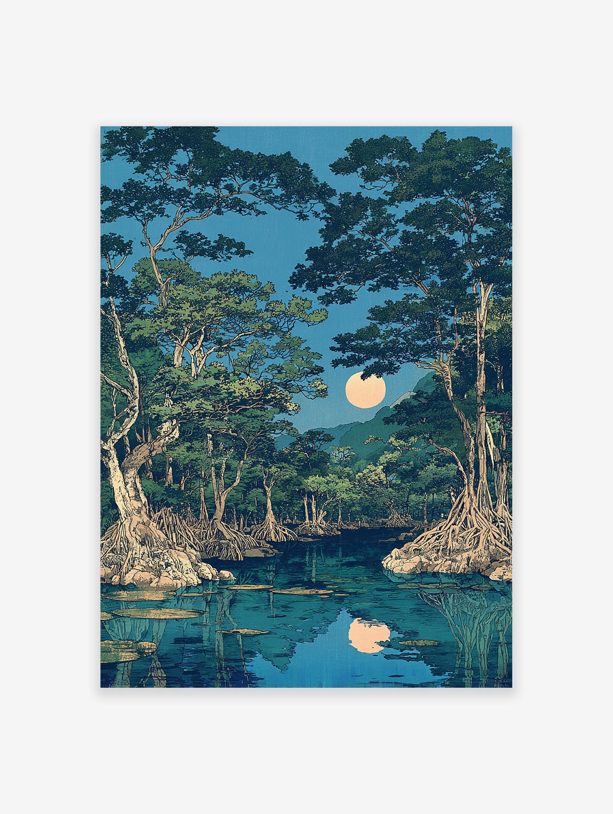 Japanese moonlit mangrove forest wall art with large trees, exposed roots, a bright full moon, and its reflection in calm water.