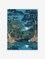 Japanese moonlit mangrove forest wall art with large trees, exposed roots, a bright full moon, and its reflection in calm water.