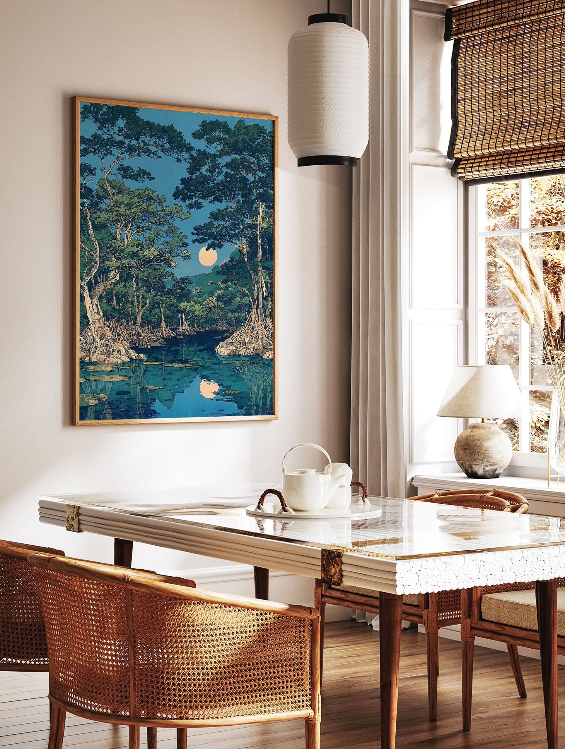 Japanese moonlit mangrove forest wall art with large trees, exposed roots, a bright full moon, and its reflection in calm water. - Image 2