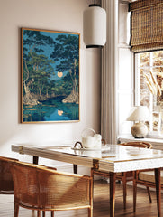 Japanese moonlit mangrove forest wall art with large trees, exposed roots, a bright full moon, and its reflection in calm water. - Image 2