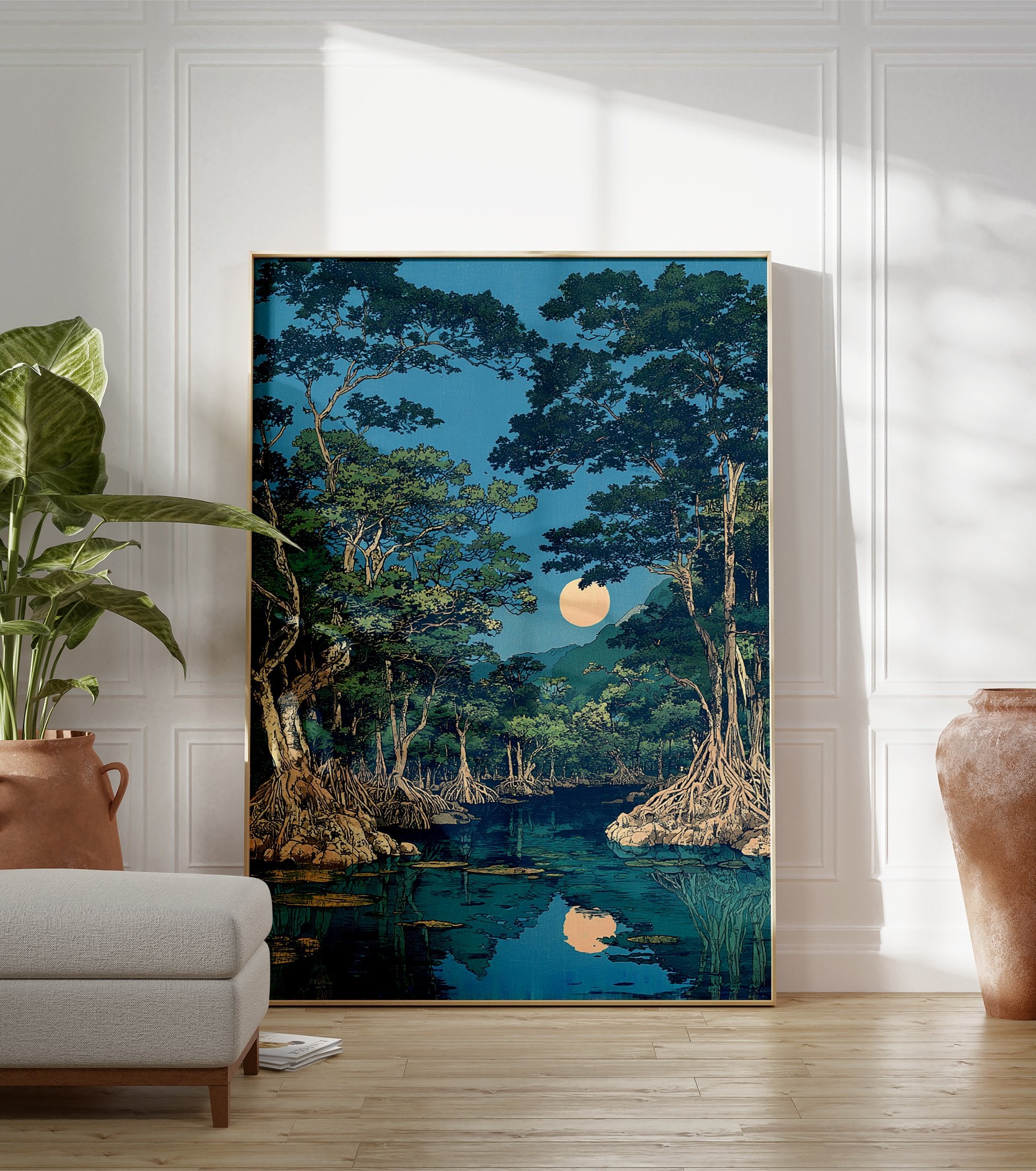 Japanese moonlit mangrove forest wall art with large trees, exposed roots, a bright full moon, and its reflection in calm water. - Image 3
