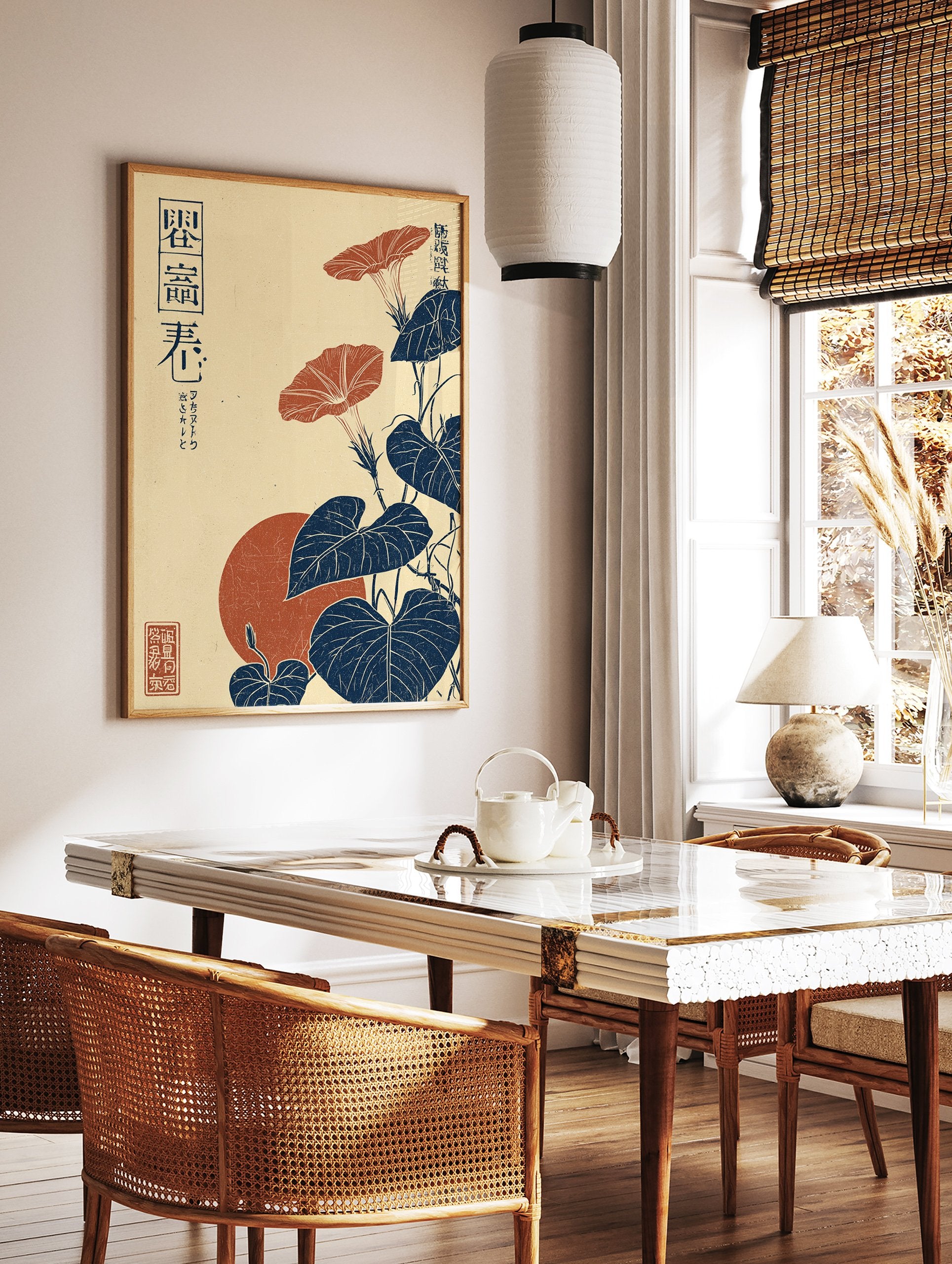 Japanese Morning Glory poster featuring red flowers, blue leaves, and a red sun in a vintage Ukiyo-e style. - Image 2