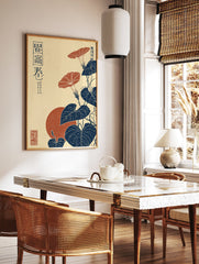 Japanese Morning Glory poster featuring red flowers, blue leaves, and a red sun in a vintage Ukiyo-e style. - Image 2