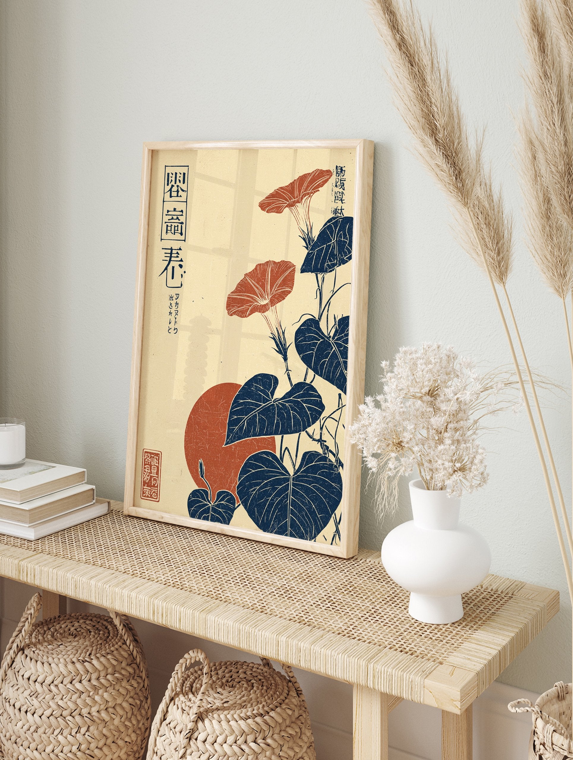 Japanese Morning Glory poster featuring red flowers, blue leaves, and a red sun in a vintage Ukiyo-e style. - Image 4