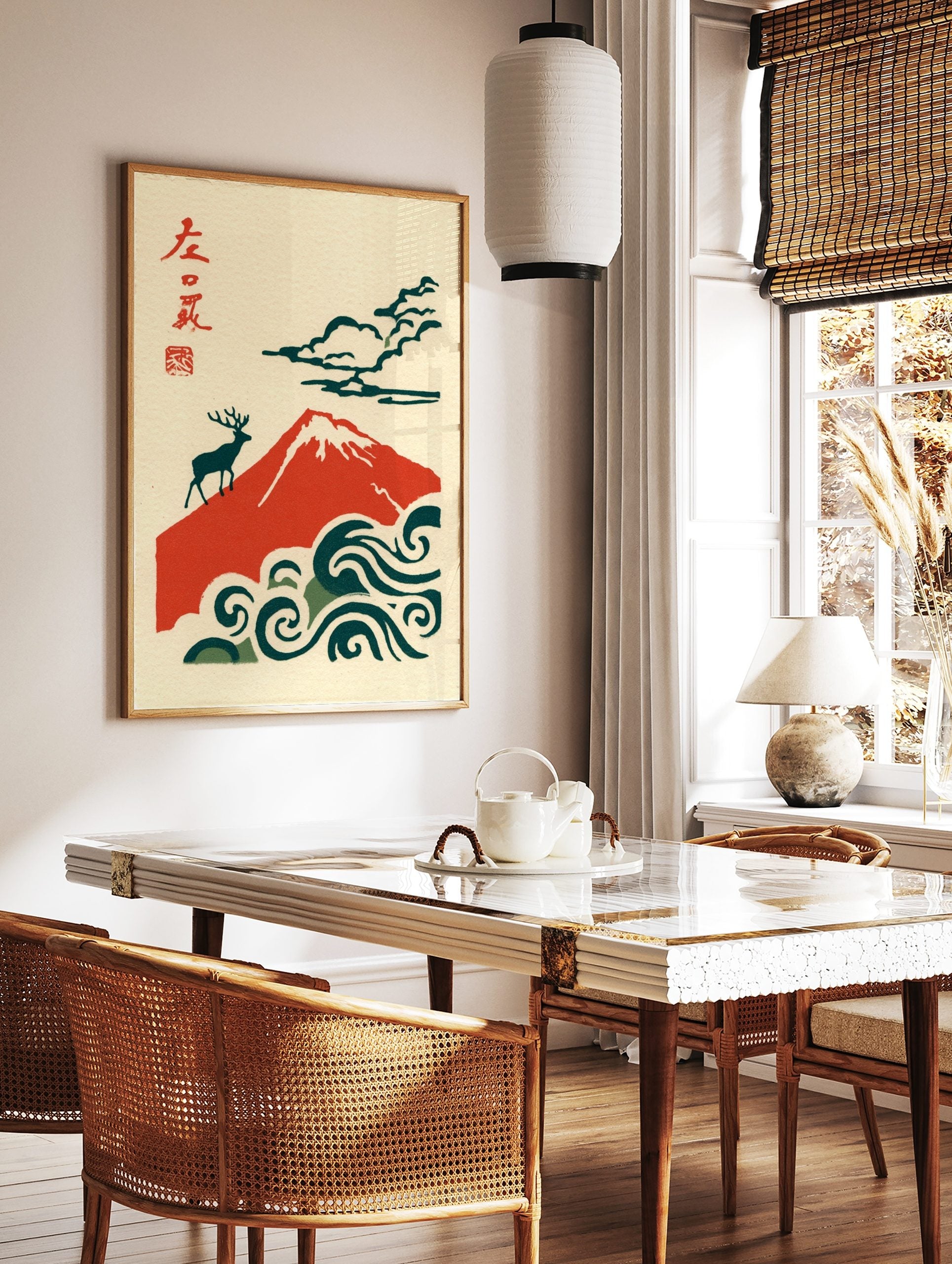 Japanese style print of red Mount Fuji, a deer, and deep teal waves with Kanji text and a red seal, in a styled room mockup