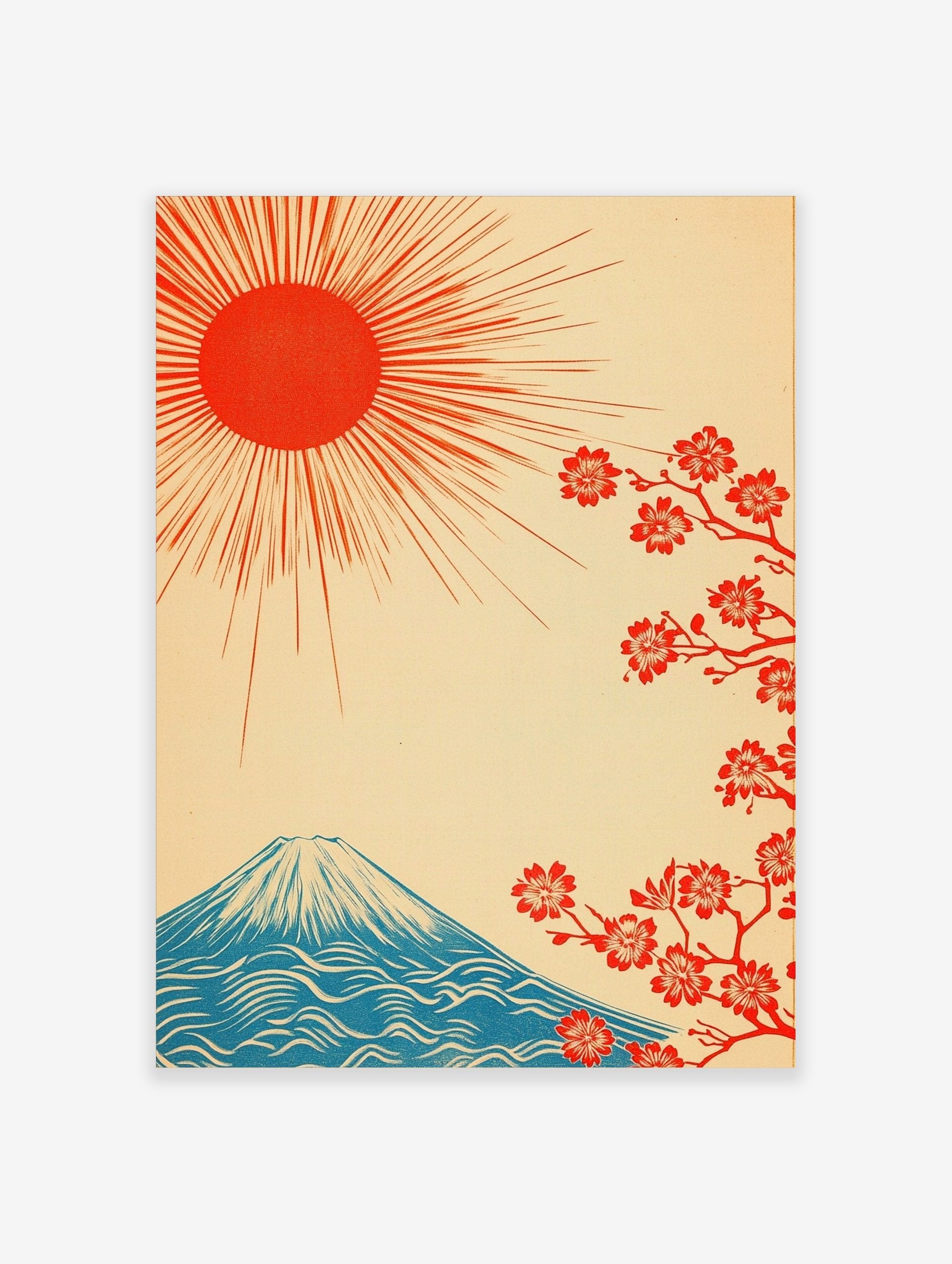 Japanese Mount Fuji mountain with red rising sun and cherry blossoms on a cream background in illustrative style