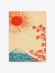 Japanese Mount Fuji mountain with red rising sun and cherry blossoms on a cream background in illustrative style