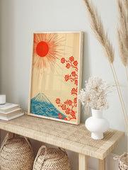 Japanese Mount Fuji mountain with red rising sun and cherry blossoms on a cream background in, in an alternate framed mockup